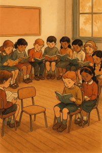 Illustration highlighting that 1 in 13 children don’t read for pleasure, with a lone chair highlighting a non reader in classroom reading circle.