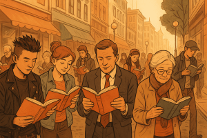 Illustration of a busy city street where people from all walks of life—students, businesspeople, pensioners, teens—are all reading books.