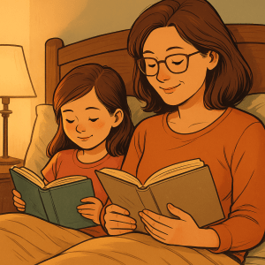 Warm, cozy illustration of a child reading in bed her mother reading by her side evoking the joy of reading for pleasure