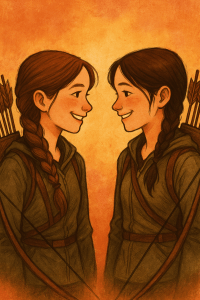 Two readers dressed as Katniss Everdeen smiling at each other, representing shared fictional experience.