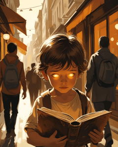 A whimsical image of a reader with glowing eyes, symbolising how reading fiction gives you 'telepathy'.
